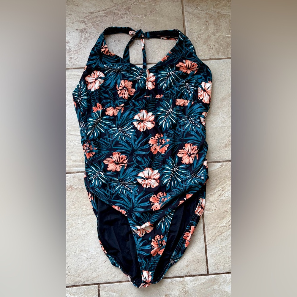 🍊 Lole Black and Orange Floral One Piece Swimsuit. Sz 12.